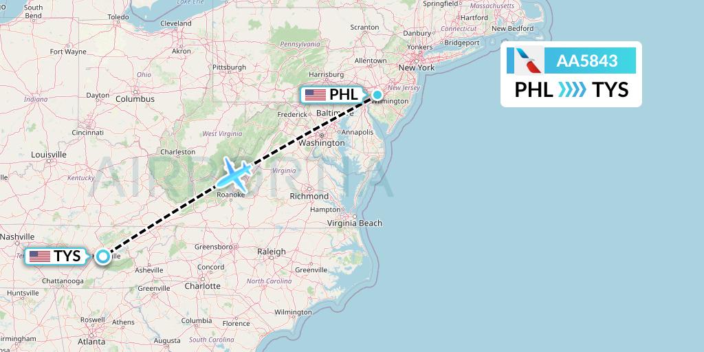 AA5843 American Airlines Flight Map: Philadelphia to Knoxville