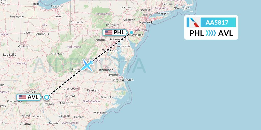 AA5817 American Airlines Flight Map: Philadelphia to Asheville