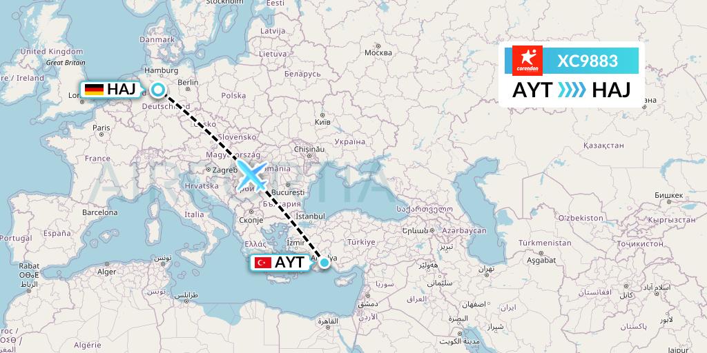 XC9883 Corendon Airlines Flight Map: Antalya to Hannover