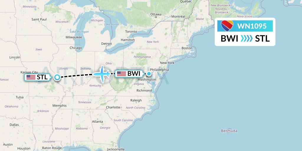WN1095 Southwest Airlines Flight Map: Baltimore to St. Louis