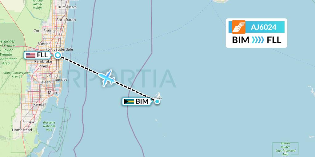 AJ6024 Aztec Airways Flight Map: South Bimini to Fort Lauderdale