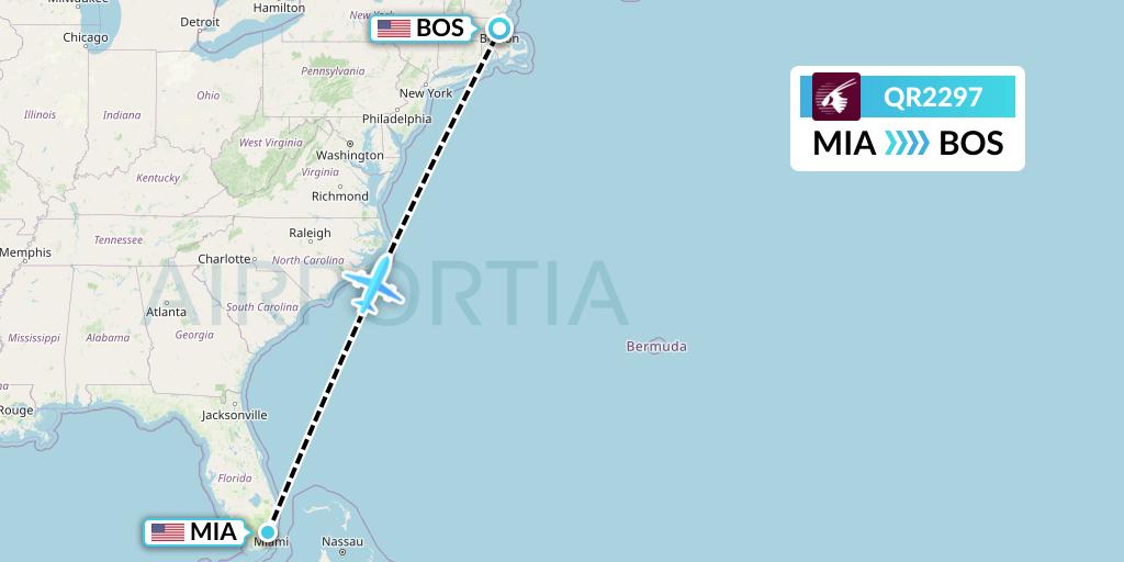 QR2297 Qatar Airways Flight Map: Miami to Boston