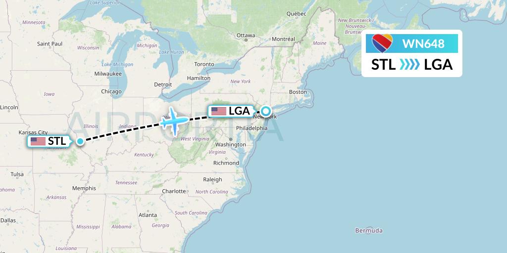 WN648 Southwest Airlines Flight Map: St. Louis to New York