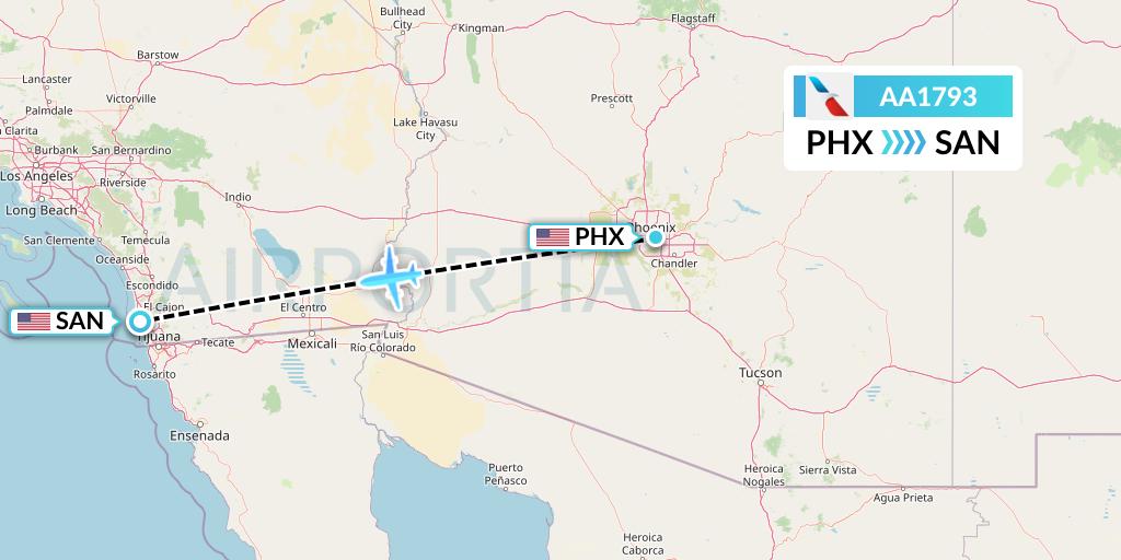 AA1793 American Airlines Flight Map: Phoenix to San Diego