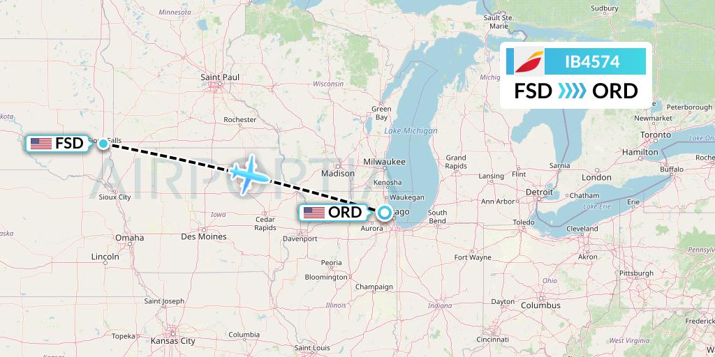 IB4574 Iberia Flight Map: Sioux Falls to Chicago