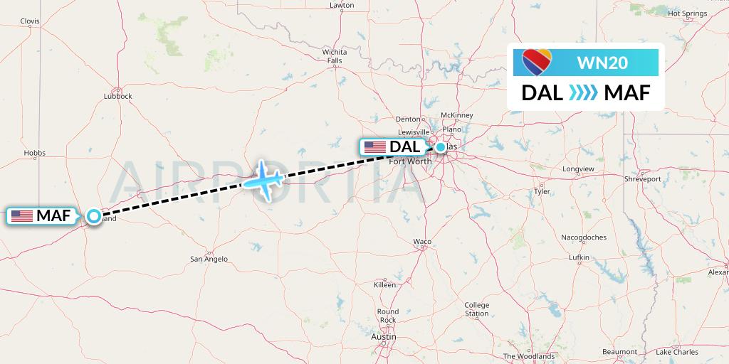 WN20 Southwest Airlines Flight Map: Dallas to Midland