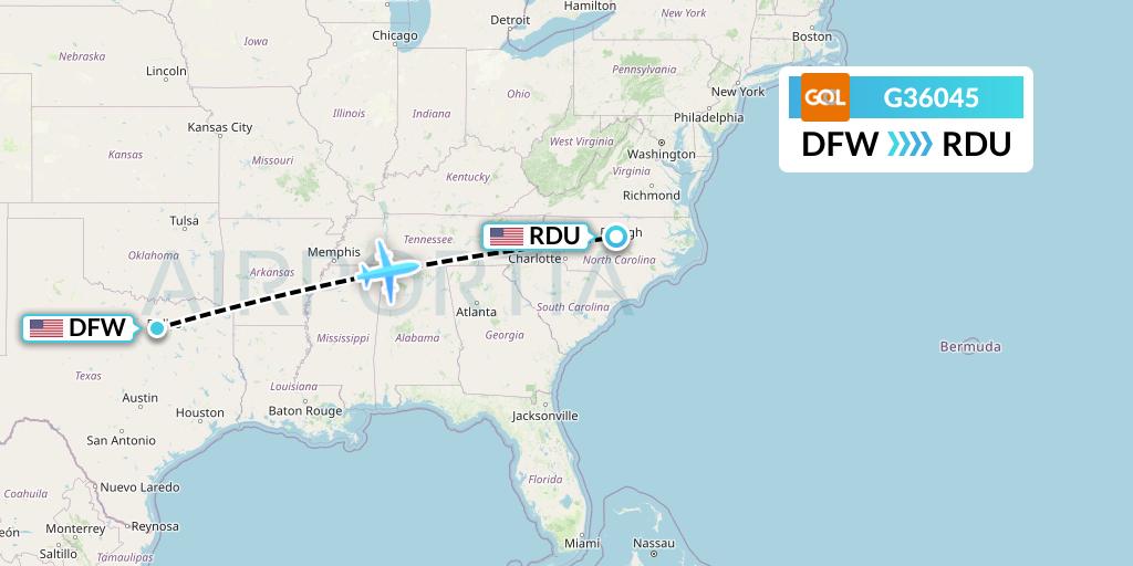 G36045 GOL Transportes Aeros Flight Map: Dallas to Raleigh-Durham