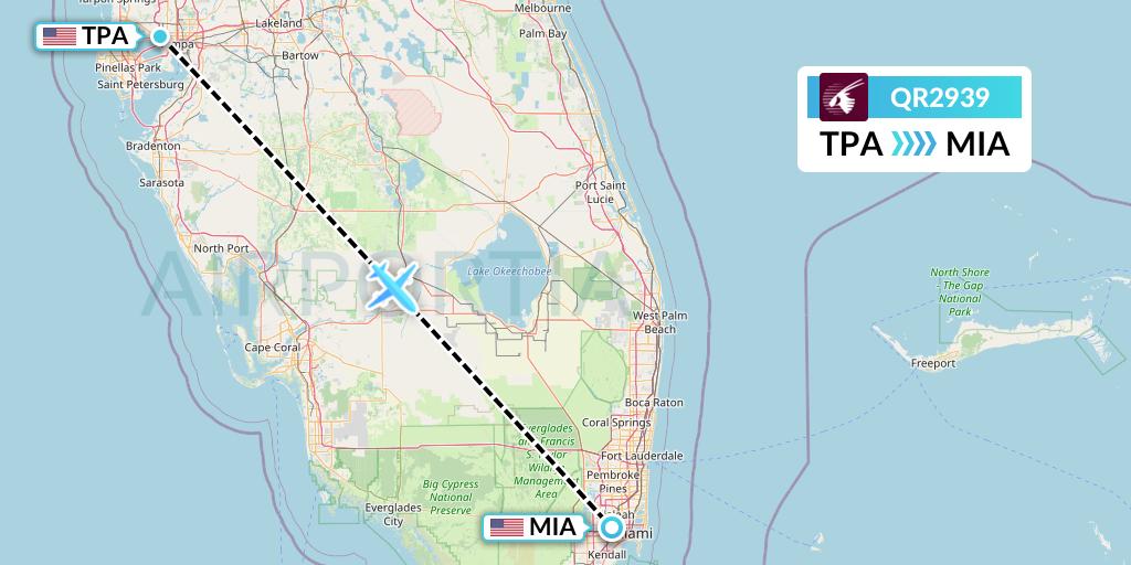 QR2939 Qatar Airways Flight Map: Tampa to Miami