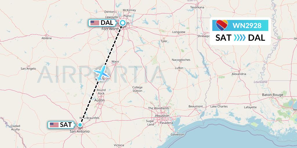 WN2928 Southwest Airlines Flight Map: San Antonio to Dallas