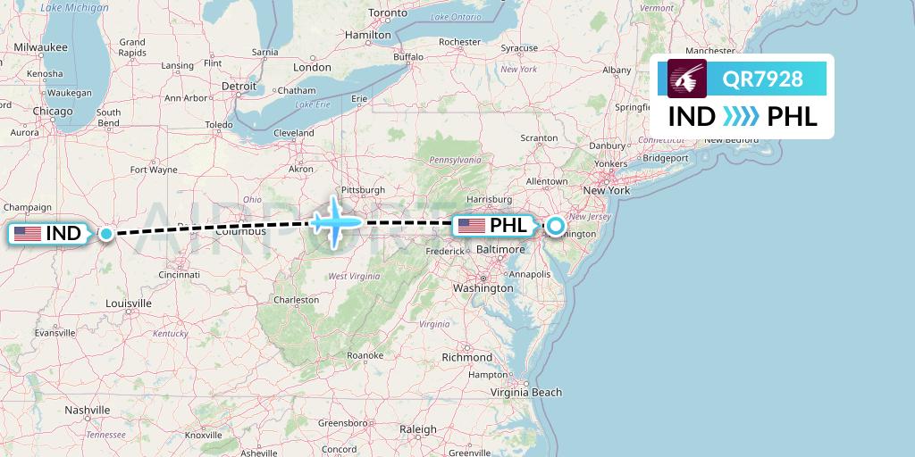 QR7928 Qatar Airways Flight Map: Indianapolis to Philadelphia