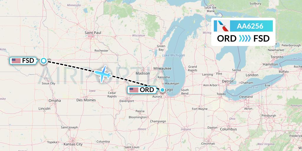 AA6256 American Airlines Flight Map: Chicago to Sioux Falls