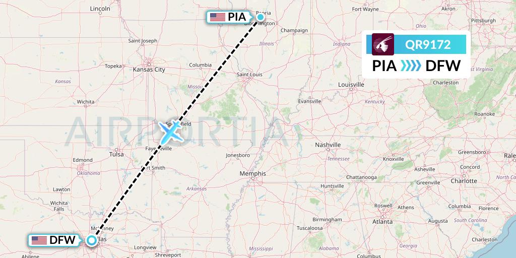 QR9172 Qatar Airways Flight Map: Peoria to Dallas