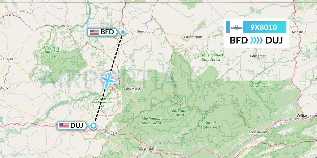 9X8010 Southern Airways Express Flight Map: Bradford to Dubois