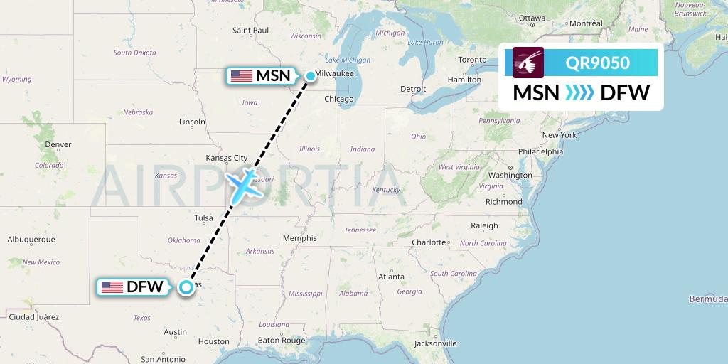 QR9050 Qatar Airways Flight Map: Madison to Dallas