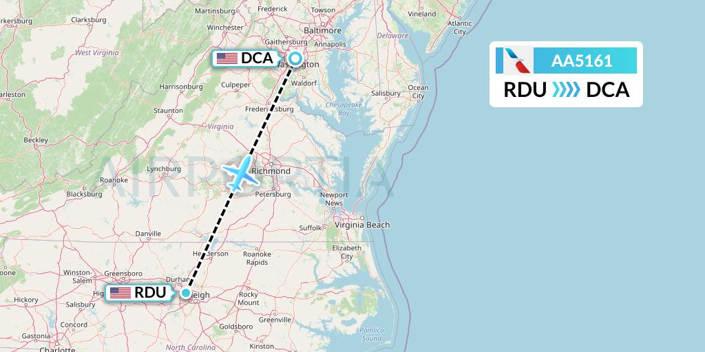 AA5161 American Airlines Flight Map: Raleigh-Durham to Washington