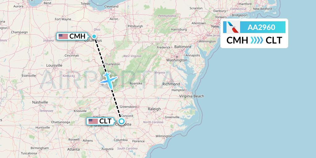 AA2960 American Airlines Flight Map: Columbus to Charlotte
