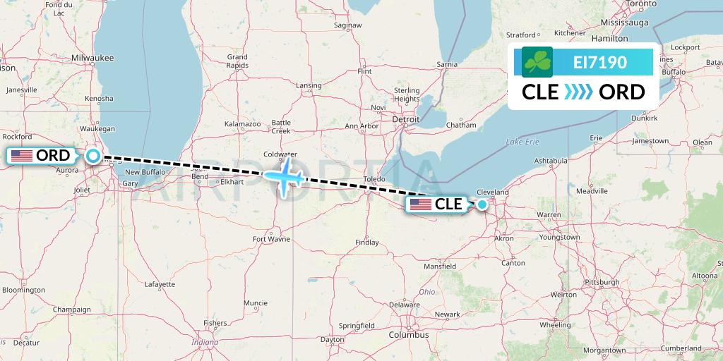 EI7190 Aer Lingus Flight Map: Cleveland to Chicago