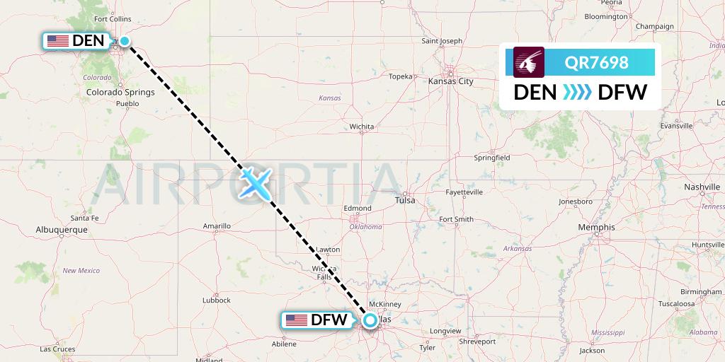 QR7698 Qatar Airways Flight Map: Denver to Dallas