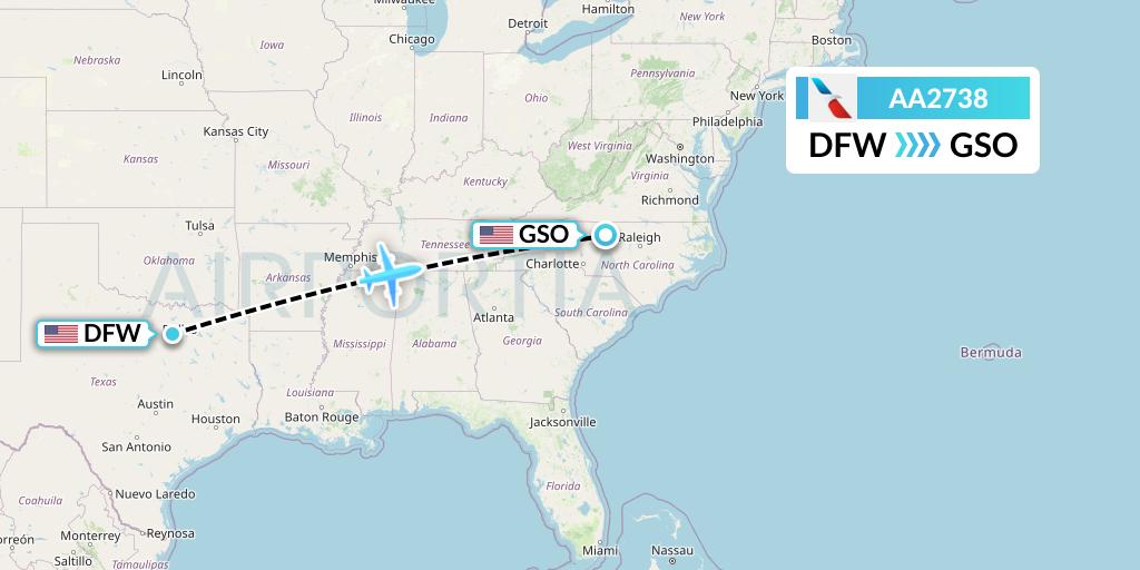 AA2738 American Airlines Flight Map: Dallas to Greensboro