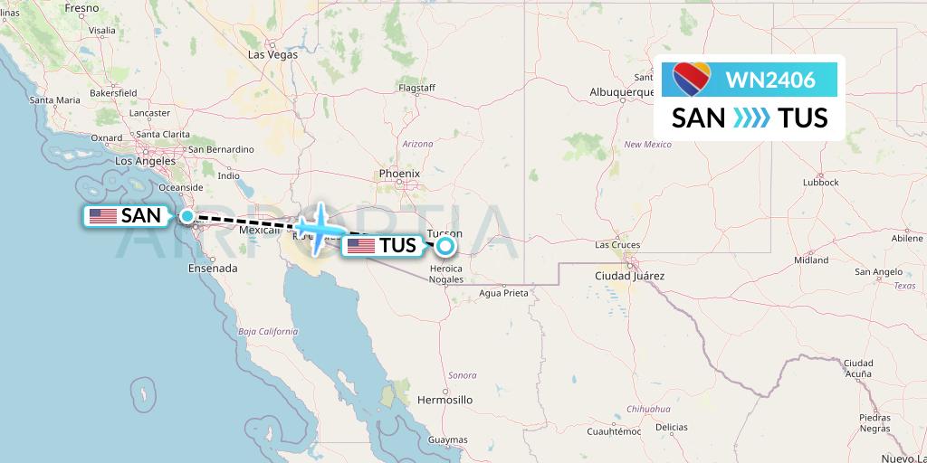 WN2406 Southwest Airlines Flight Map: San Diego to Tucson