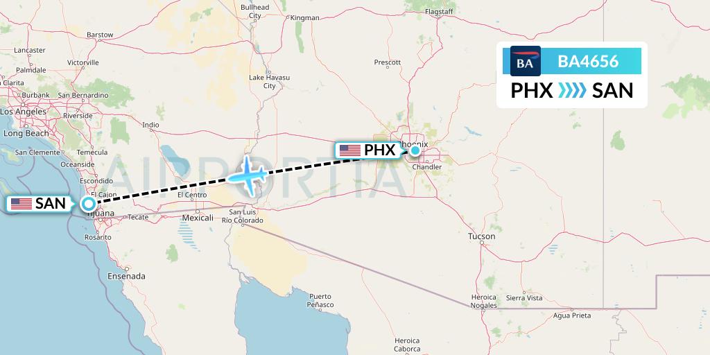 BA4656 British Airways Flight Map: Phoenix to San Diego