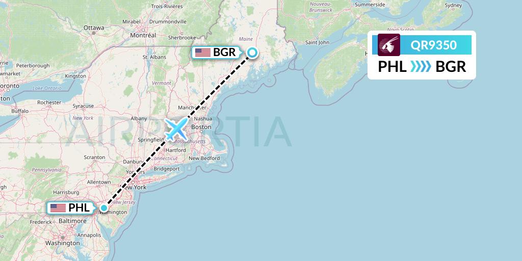 QR9350 Qatar Airways Flight Map: Philadelphia to Bangor