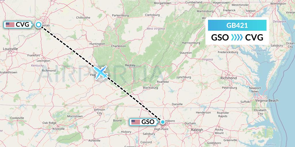 GB421 ABX Air Flight Map: Greensboro to Cincinnati