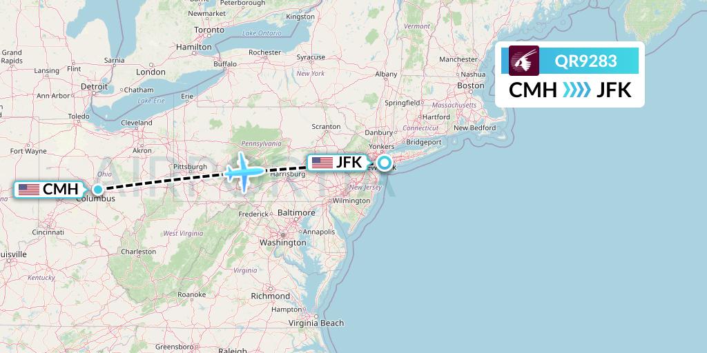 QR9283 Qatar Airways Flight Map: Columbus to New York