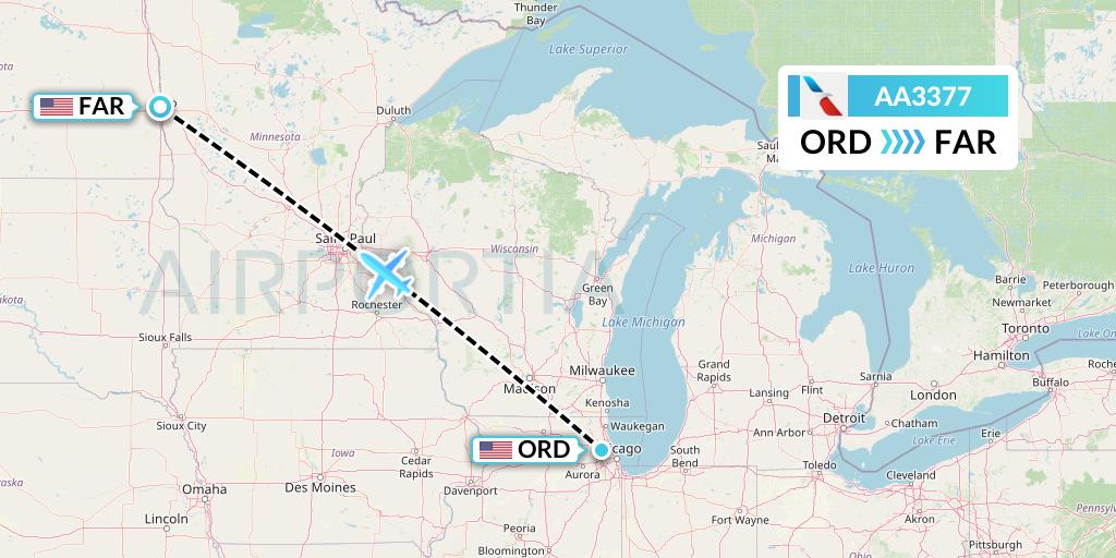 AA3377 American Airlines Flight Map: Chicago to Fargo