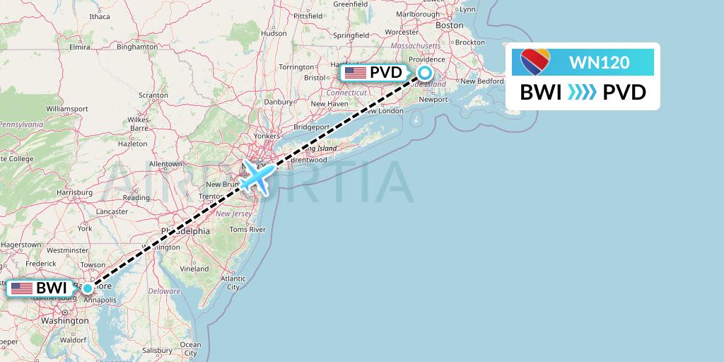WN120 Southwest Airlines Flight Map: Baltimore to Providence