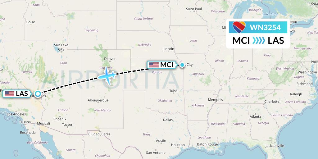 WN3254 Southwest Airlines Flight Map: Kansas City to Las Vegas