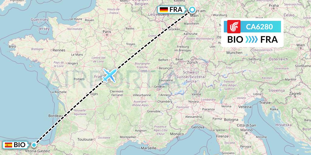 CA6280 Air China Flight Map: Bilbao to Frankfurt