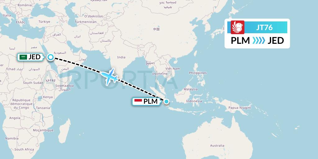 JT76 Lion Airlines Flight Map: Palembang to Jeddah