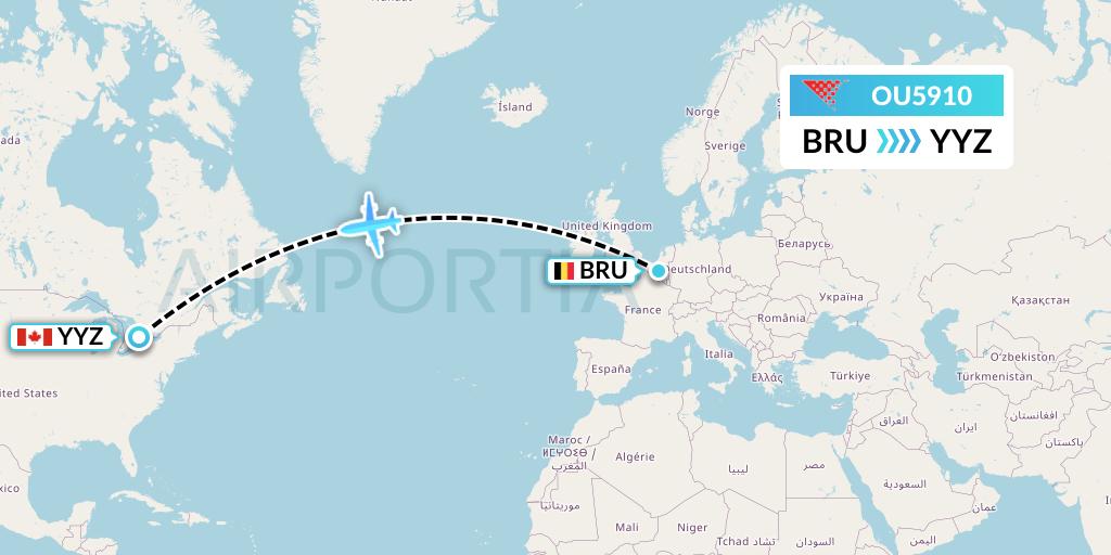 OU5910 Croatia Airlines Flight Map: Brussels to Toronto