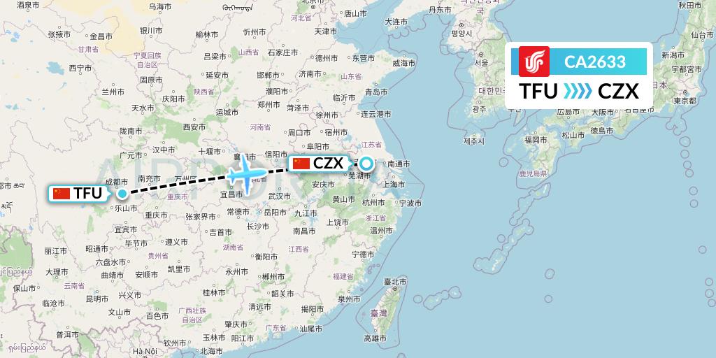 CA2633 Air China Flight Map: Chengdu to Changzhou