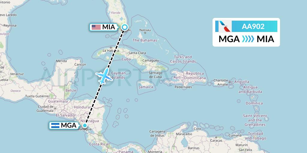 AA902 American Airlines Flight Map: Managua to Miami