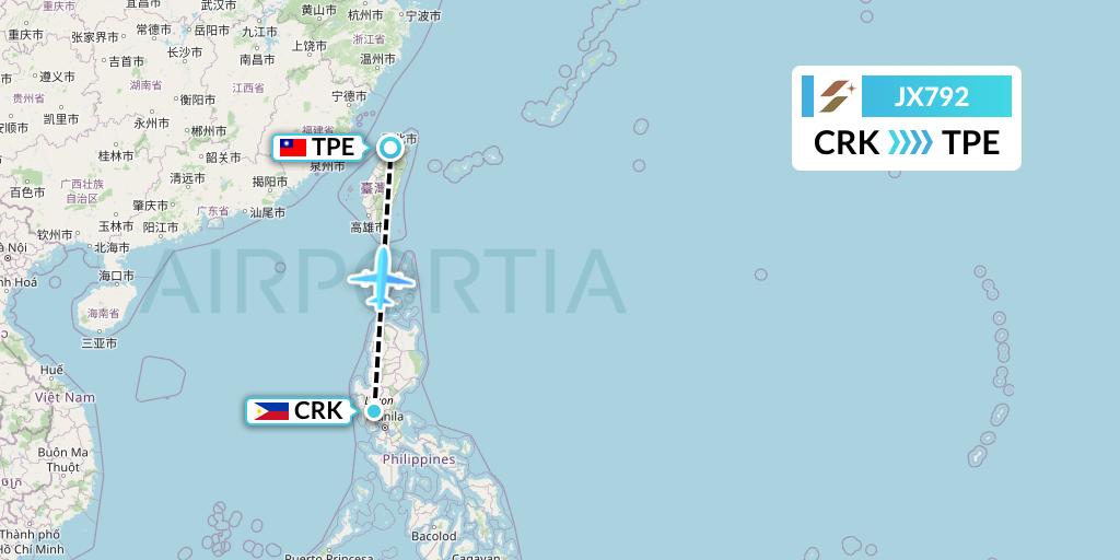 JX792 Starlux Airlines Flight Map: Angeles City to Taipei