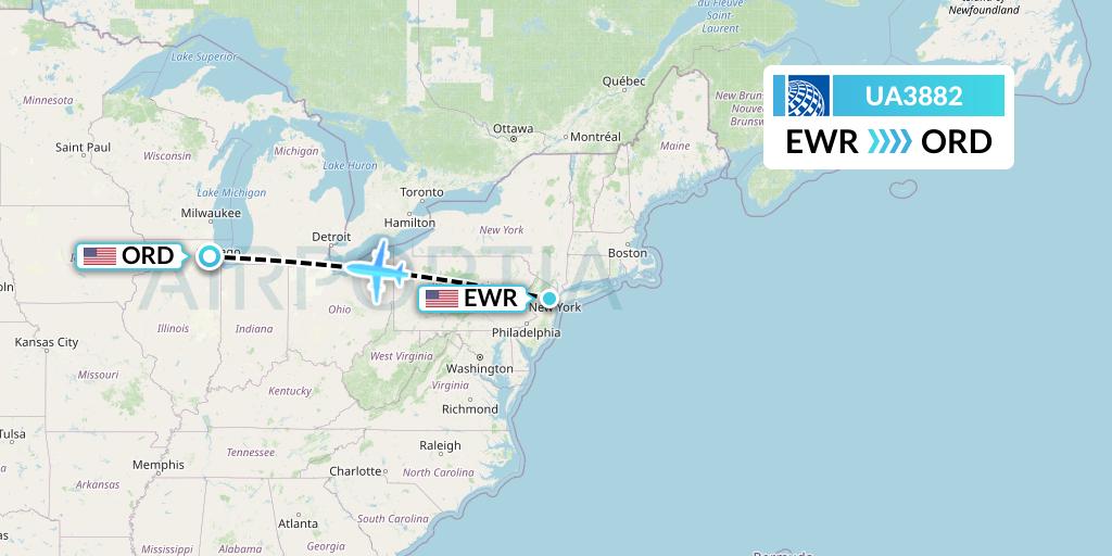 UA3882 United Airlines Flight Map: New York to Chicago