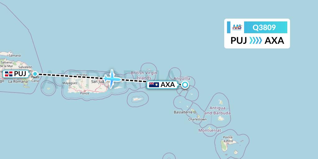 Q3809 Anguilla Air Services Flight Map: Punta Cana to The Valley
