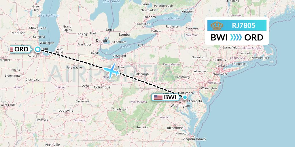 RJ7805 Royal Jordanian Flight Map: Baltimore to Chicago