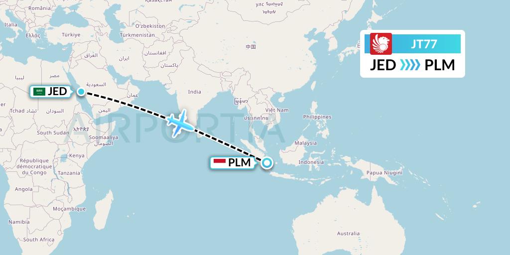 JT77 Lion Airlines Flight Map: Jeddah to Palembang