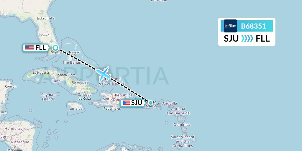 B68351 JetBlue Airways Flight Map: San Juan to Fort Lauderdale