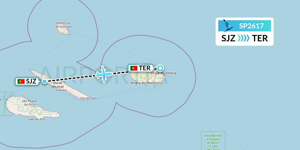 SP2617 SATA Air Acores Flight Map: Sao Jorge to Lajes