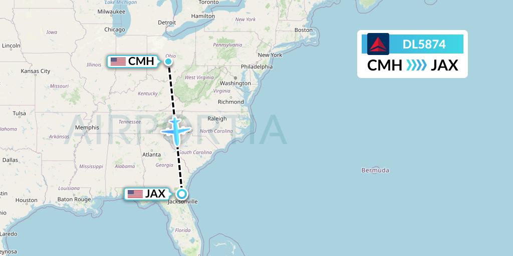 DL5874 Delta Air Lines Flight Map: Columbus to Jacksonville