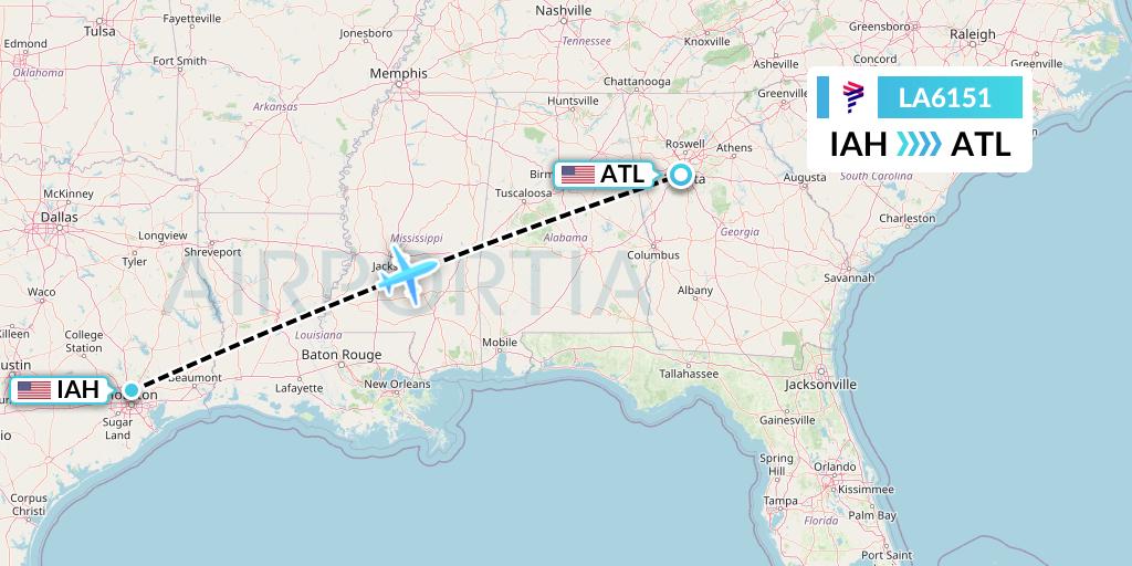 LA6151 LAN Airlines Flight Map: Houston to Atlanta