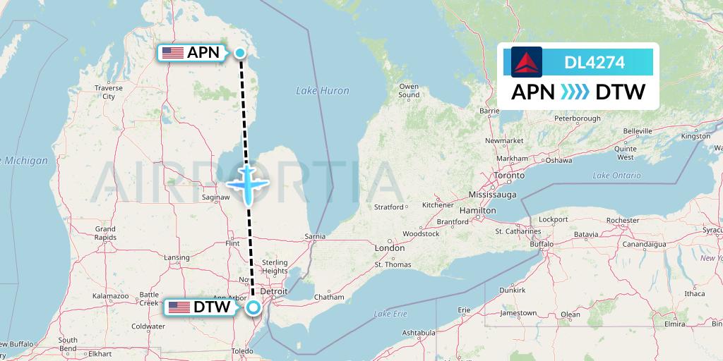 DL4274 Delta Air Lines Flight Map: Alpena to Detroit