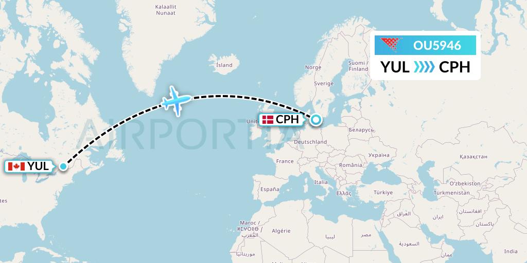 OU5946 Croatia Airlines Flight Map: Montreal to Copenhagen