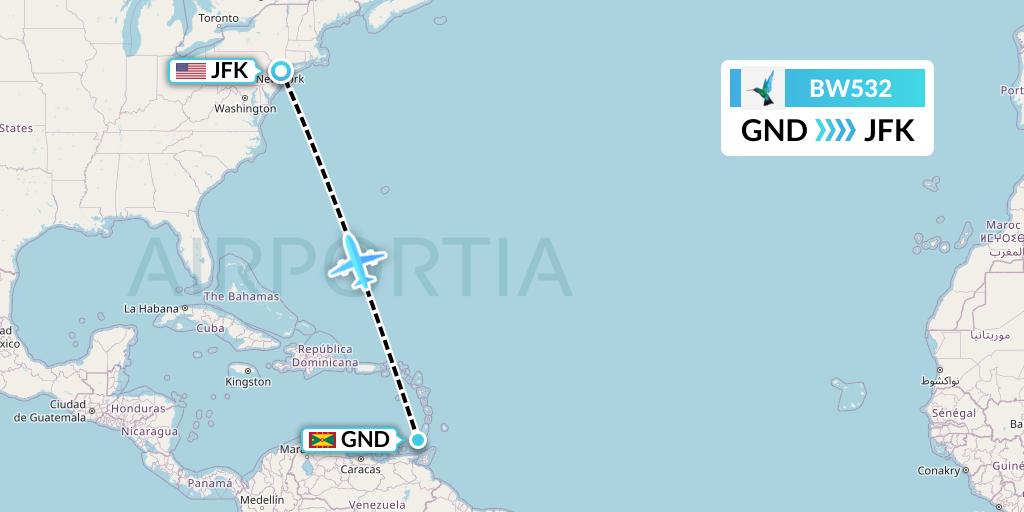 BW532 Caribbean Airlines Flight Map: Point Salines to New York