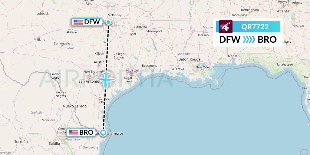 QR7722 Qatar Airways Flight Map: Dallas to Brownsville
