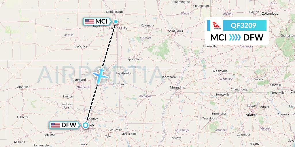 QF3209 Qantas Flight Map: Kansas City to Dallas